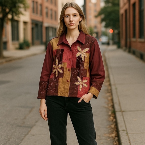 Vintage Patchwork Embroidered Velvet Lightweight Jacket Boho Festival XL Hippie - Picture 15 of 15